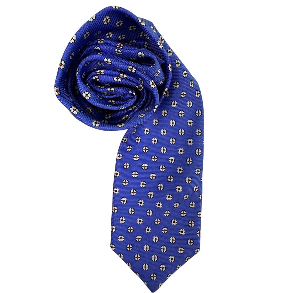 Lands’ End 100% Silk Necktie Blue with White Floral Pattern 58"